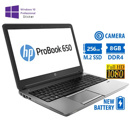 HP (A-) ProBook 650 G2 i5-6200U/15.6&quot;FHD/8GB DDR4/256GB M.2 SSD/DVD/Camera/New Battery/10P Grade A-