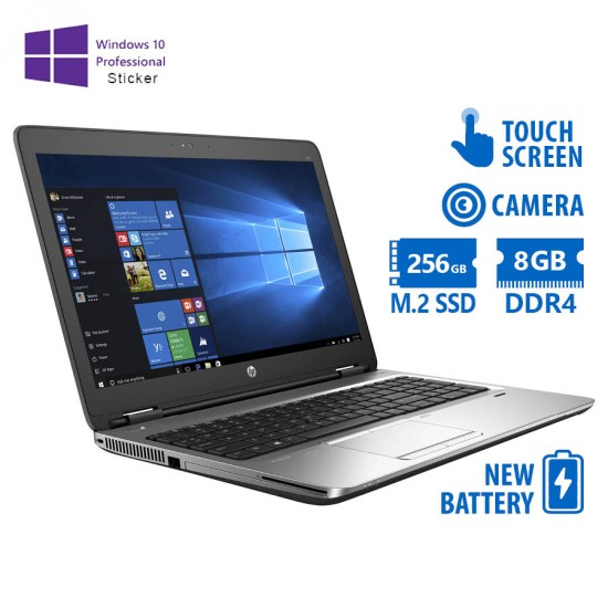 HP (A-) ProBook 650G2 i5-6200U/15.6”Touchscreen/8GB DDR4/256GB M.2 SSD/DVD/Camera/New Battery/10P Gr