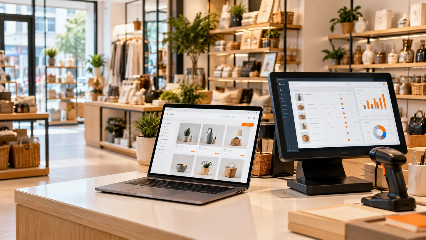 Φυσικό κατάστημα με e-shop σε υπολογιστή και σύστημα εμπορικής διαχείρισης στο ταμείο