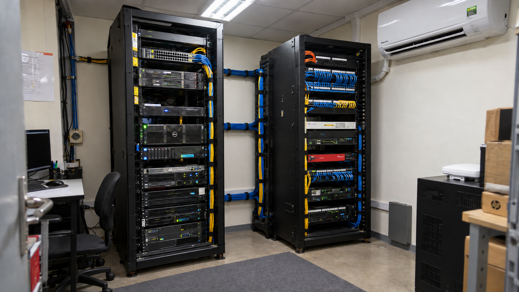 Server room πριν την οργάνωση καλωδίων και εξοπλισμού